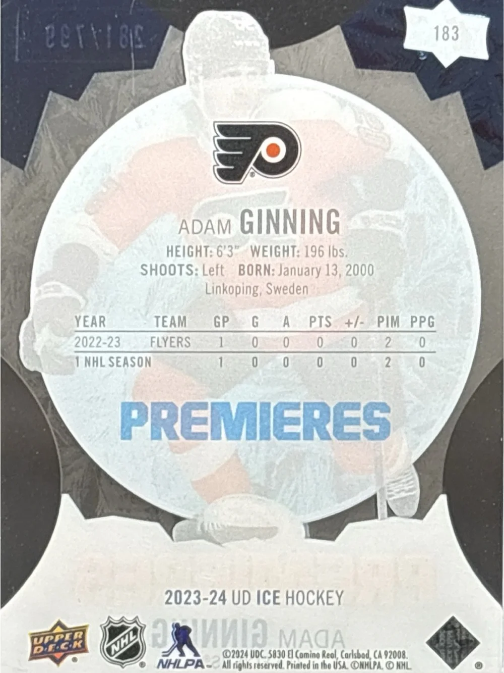 Upper Deck Adam Ginning Flyers Trading Card - Premières ICE LE 281/799